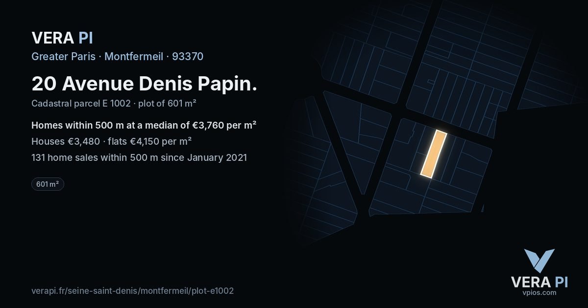 20 Avenue Denis Papin, Montfermeil at night – the plot lit, the parcels around coloured by the prices near them