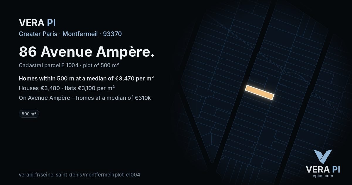 86 Avenue Ampère, Montfermeil at night – the plot lit, the parcels around coloured by the prices near them