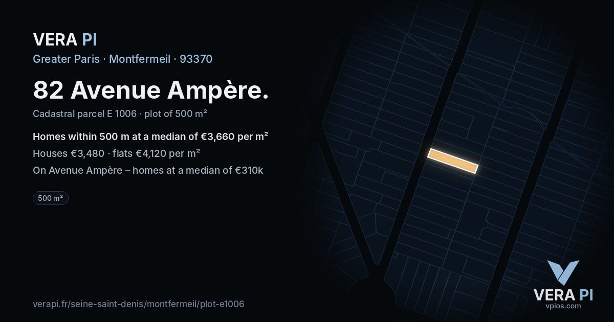 82 Avenue Ampère, Montfermeil at night – the plot lit, the parcels around coloured by the prices near them