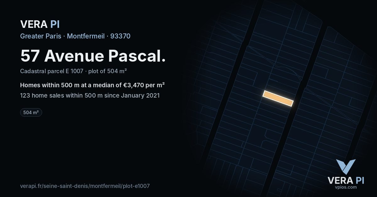 57 Avenue Pascal, Montfermeil at night – the plot lit, the parcels around coloured by the prices near them