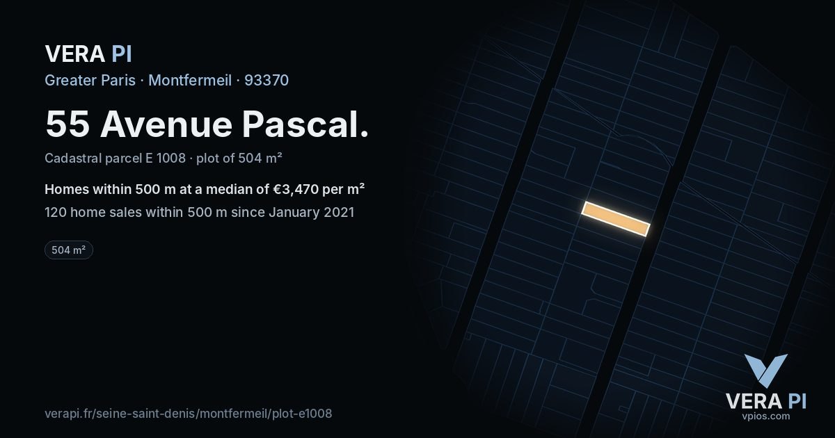 55 Avenue Pascal, Montfermeil at night – the plot lit, the parcels around coloured by the prices near them