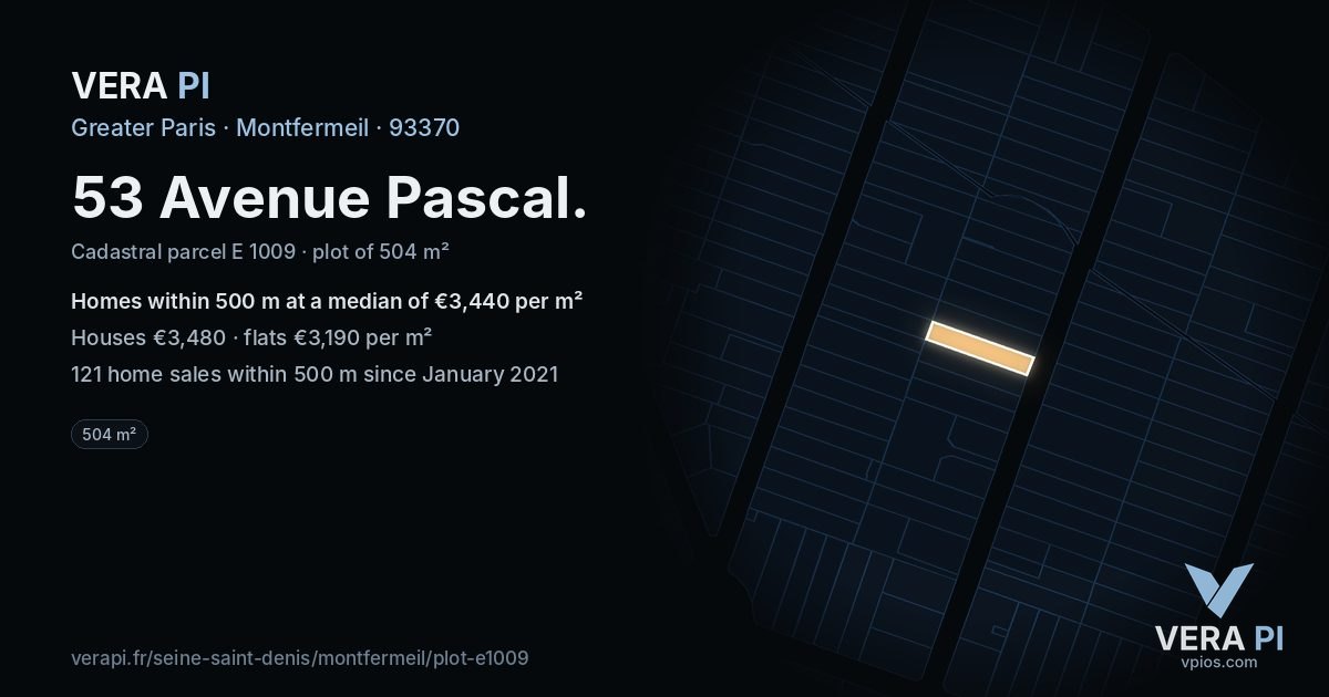 53 Avenue Pascal, Montfermeil at night – the plot lit, the parcels around coloured by the prices near them