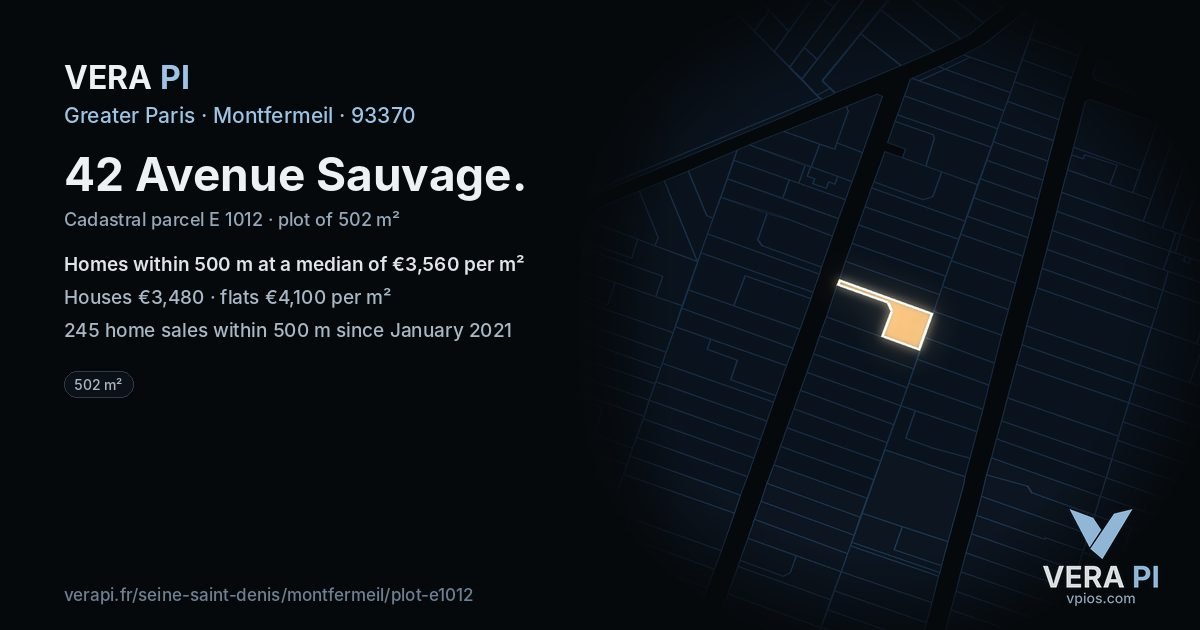 42 Avenue Sauvage, Montfermeil at night – the plot lit, the parcels around coloured by the prices near them