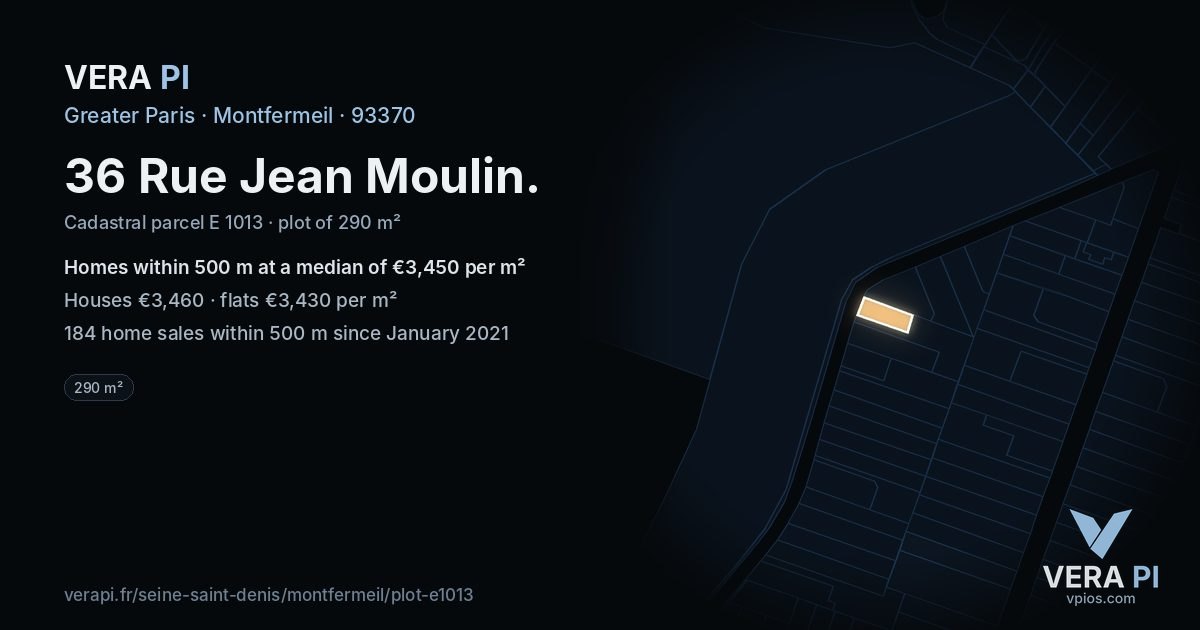 36 Rue Jean Moulin, Montfermeil at night – the plot lit, the parcels around coloured by the prices near them