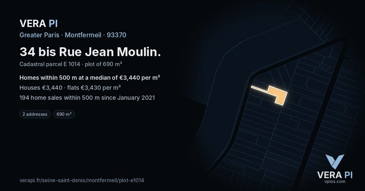 34 bis Rue Jean Moulin, Montfermeil at night – the plot lit, the parcels around coloured by the prices near them