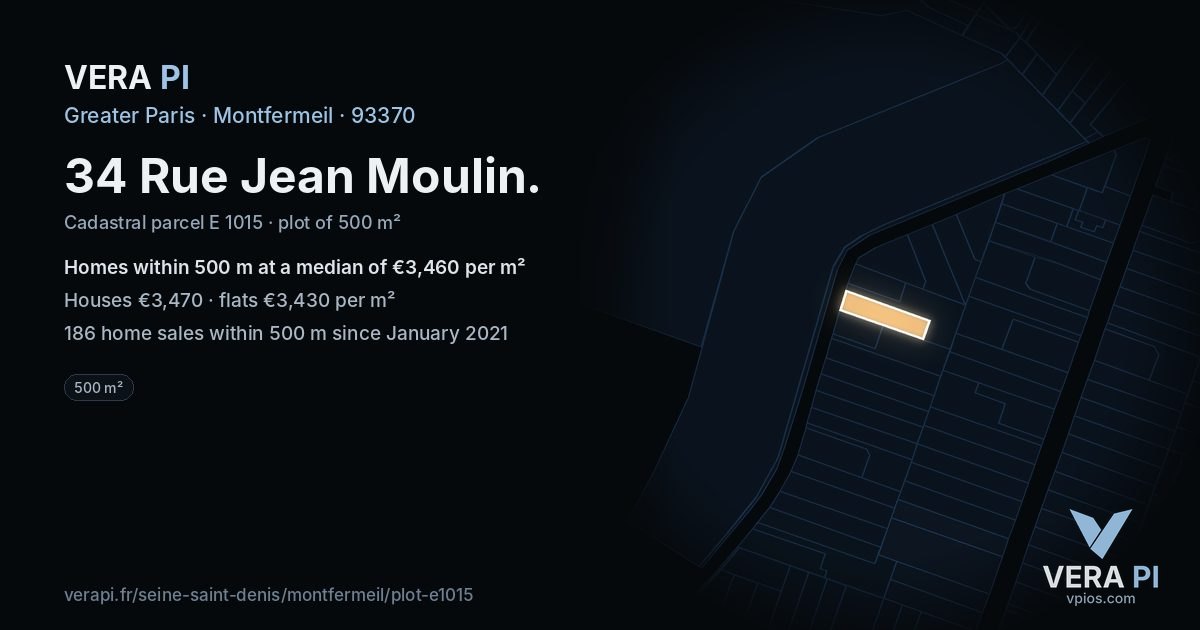 34 Rue Jean Moulin, Montfermeil at night – the plot lit, the parcels around coloured by the prices near them