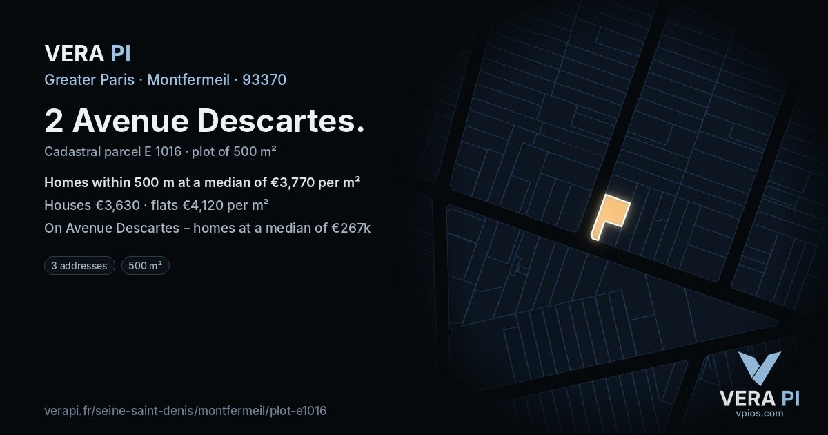 2 Avenue Descartes, Montfermeil at night – the plot lit, the parcels around coloured by the prices near them