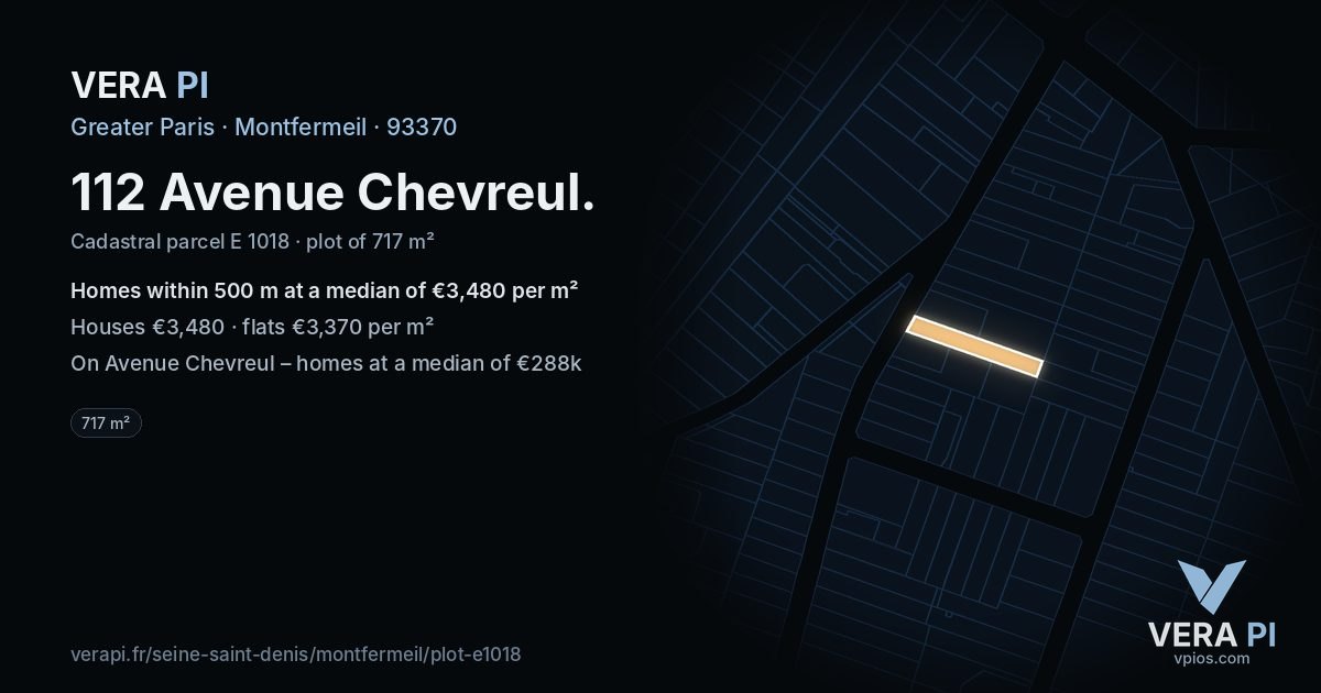 112 Avenue Chevreul, Montfermeil at night – the plot lit, the parcels around coloured by the prices near them