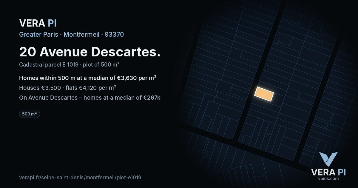 20 Avenue Descartes, Montfermeil at night – the plot lit, the parcels around coloured by the prices near them