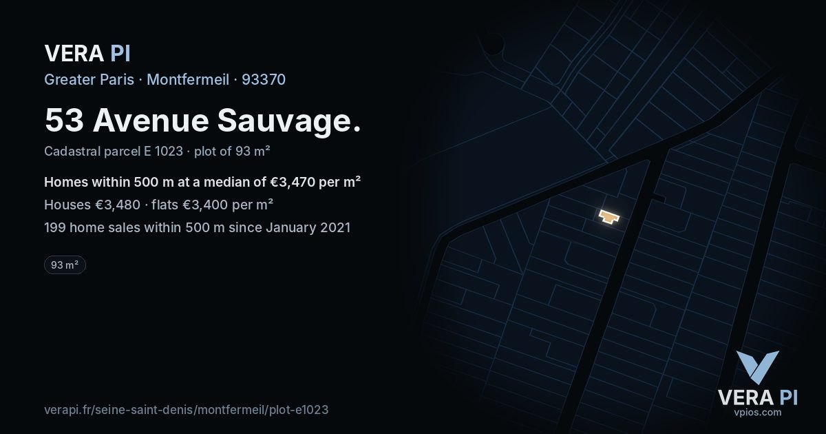 53 Avenue Sauvage, Montfermeil at night – the plot lit, the parcels around coloured by the prices near them