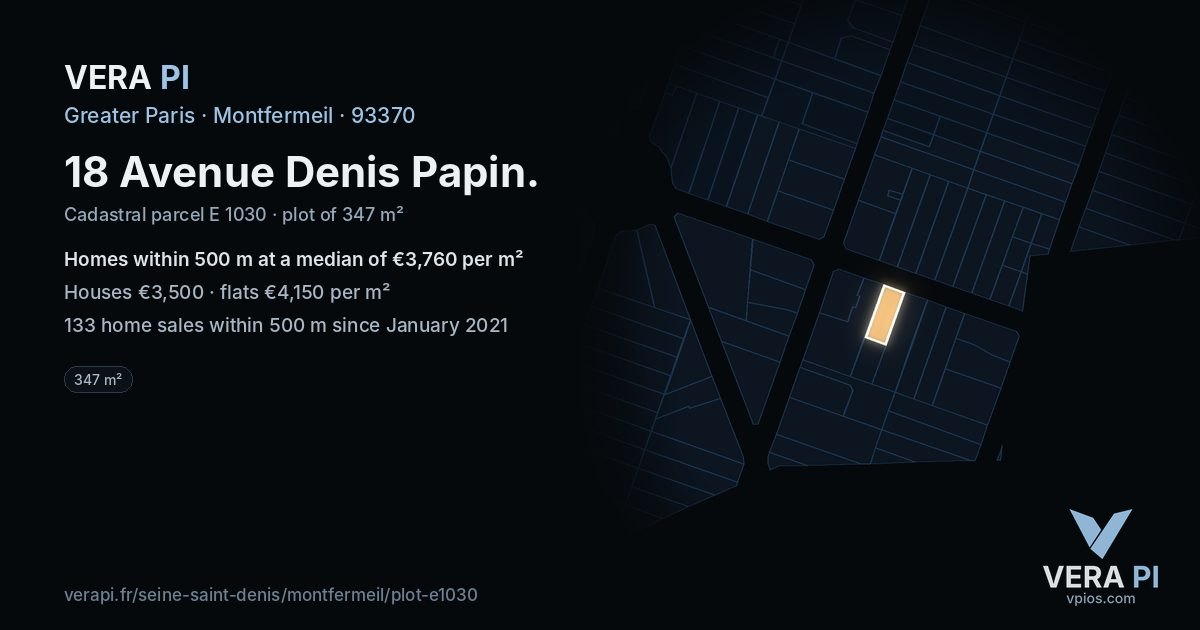 18 Avenue Denis Papin, Montfermeil at night – the plot lit, the parcels around coloured by the prices near them