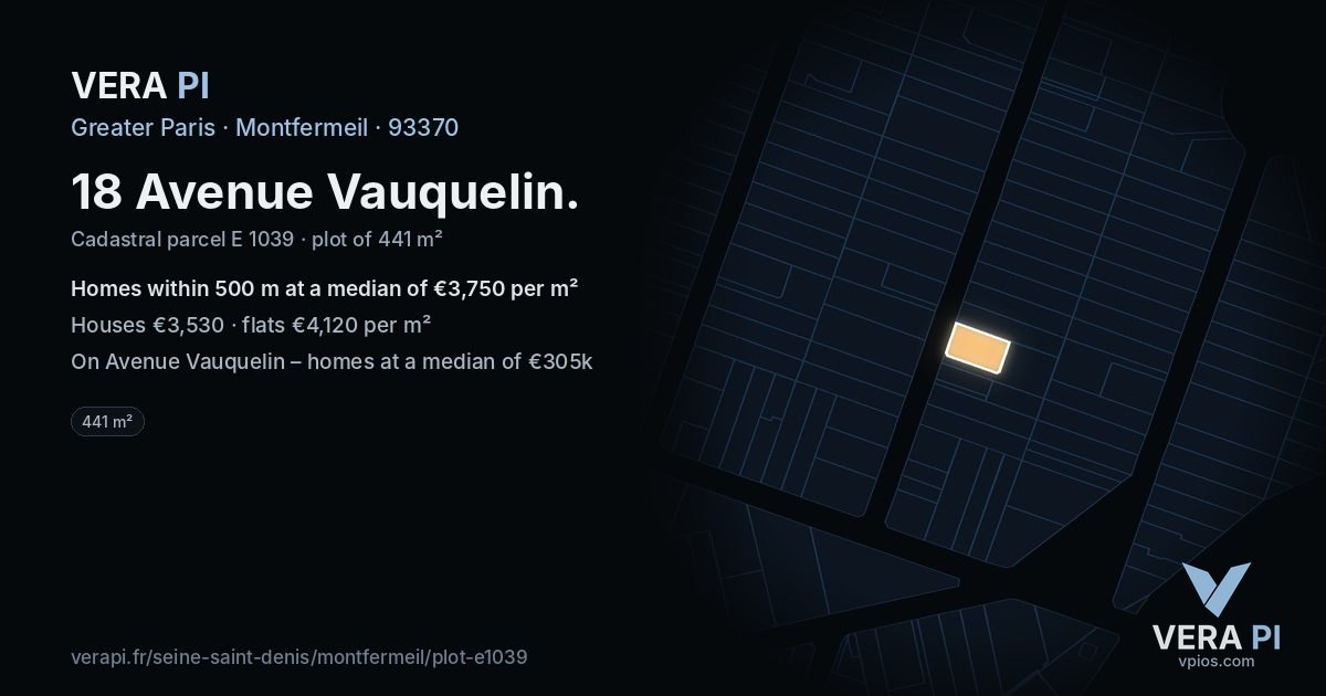 18 Avenue Vauquelin, Montfermeil at night – the plot lit, the parcels around coloured by the prices near them