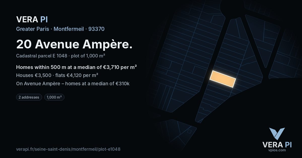 20 Avenue Ampère, Montfermeil at night – the plot lit, the parcels around coloured by the prices near them