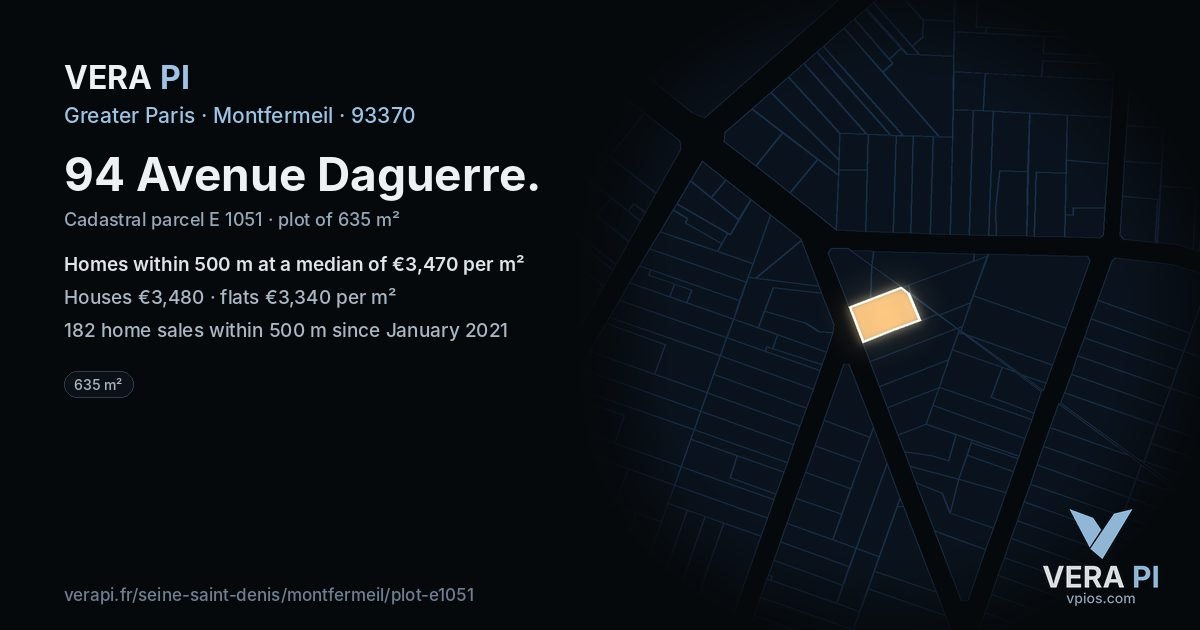 94 Avenue Daguerre, Montfermeil at night – the plot lit, the parcels around coloured by the prices near them