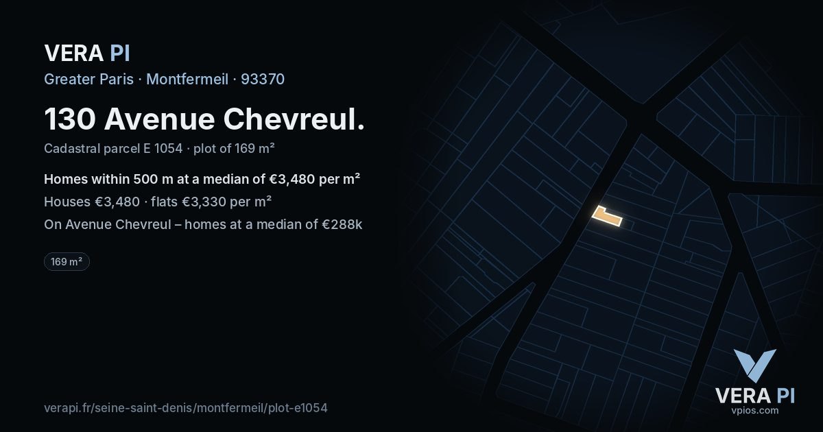 130 Avenue Chevreul, Montfermeil at night – the plot lit, the parcels around coloured by the prices near them