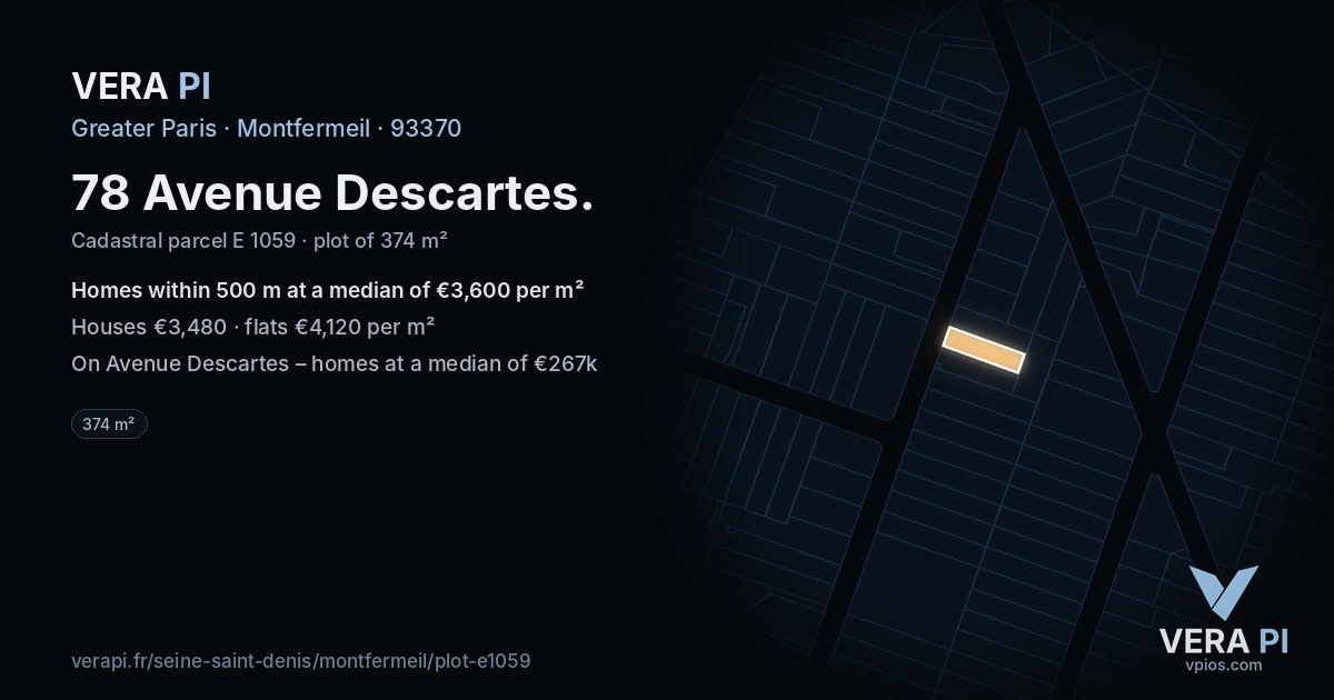 78 Avenue Descartes, Montfermeil at night – the plot lit, the parcels around coloured by the prices near them