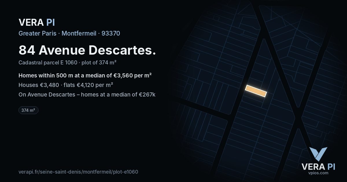 84 Avenue Descartes, Montfermeil at night – the plot lit, the parcels around coloured by the prices near them