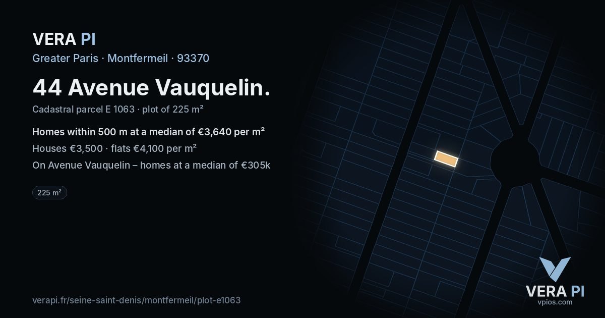 44 Avenue Vauquelin, Montfermeil at night – the plot lit, the parcels around coloured by the prices near them