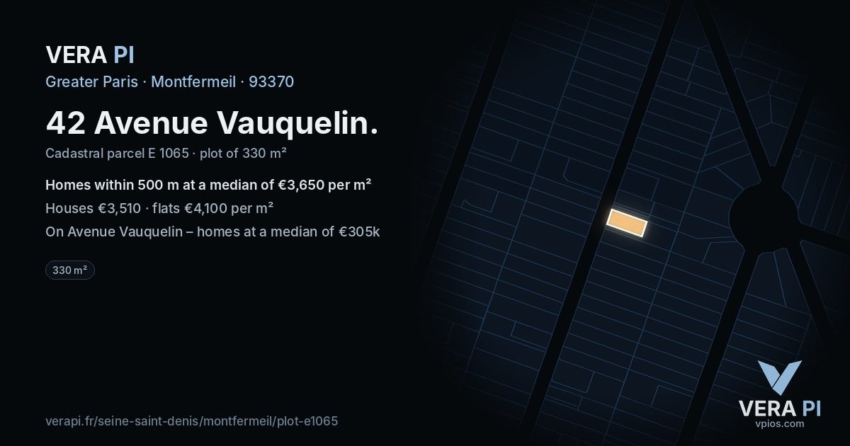 42 Avenue Vauquelin, Montfermeil at night – the plot lit, the parcels around coloured by the prices near them