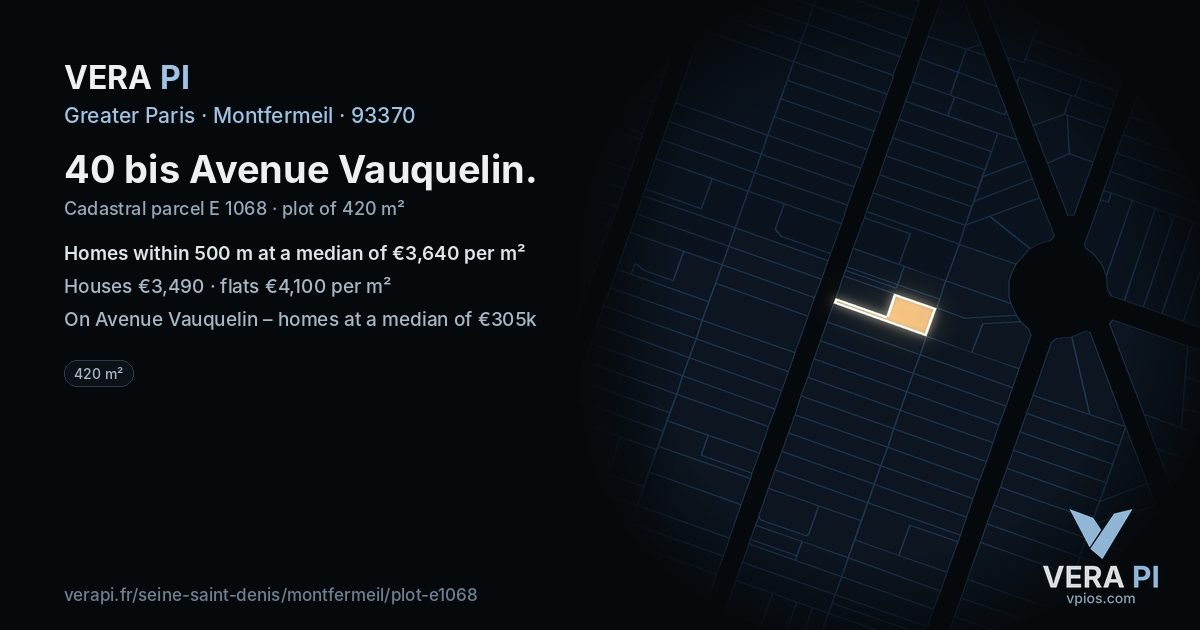 40 bis Avenue Vauquelin, Montfermeil at night – the plot lit, the parcels around coloured by the prices near them