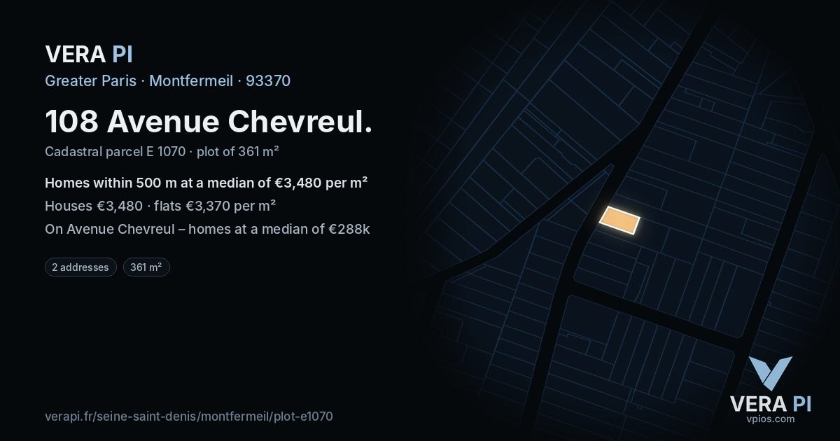 108 Avenue Chevreul, Montfermeil at night – the plot lit, the parcels around coloured by the prices near them