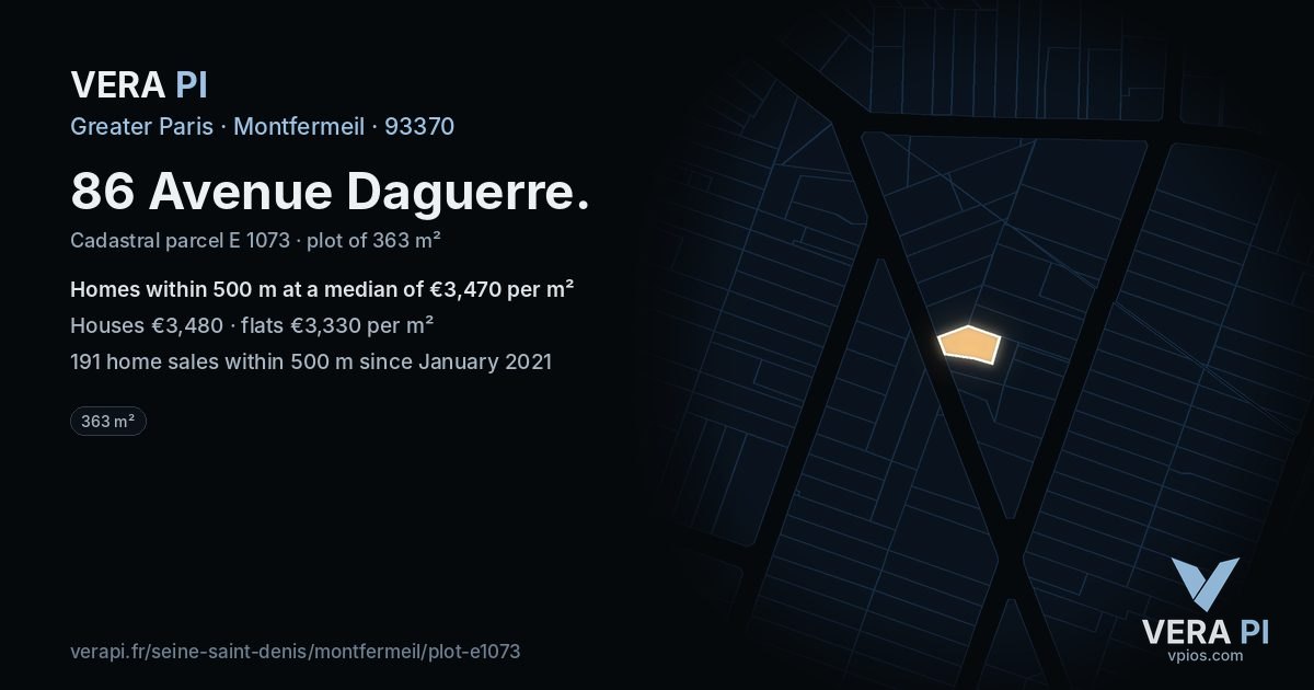 86 Avenue Daguerre, Montfermeil at night – the plot lit, the parcels around coloured by the prices near them