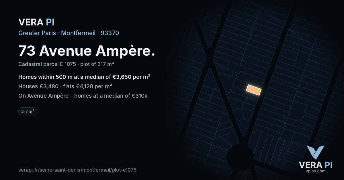 73 Avenue Ampère, Montfermeil at night – the plot lit, the parcels around coloured by the prices near them