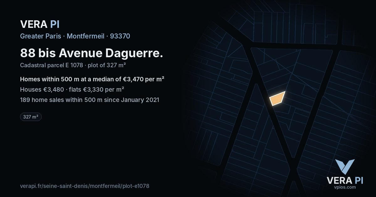 88 bis Avenue Daguerre, Montfermeil at night – the plot lit, the parcels around coloured by the prices near them