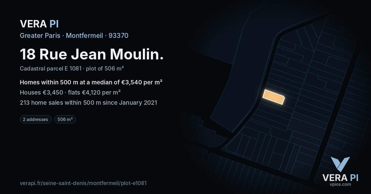 18 Rue Jean Moulin, Montfermeil at night – the plot lit, the parcels around coloured by the prices near them