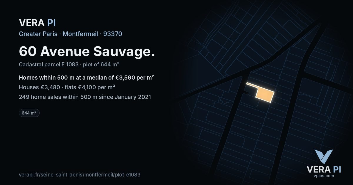 60 Avenue Sauvage, Montfermeil at night – the plot lit, the parcels around coloured by the prices near them