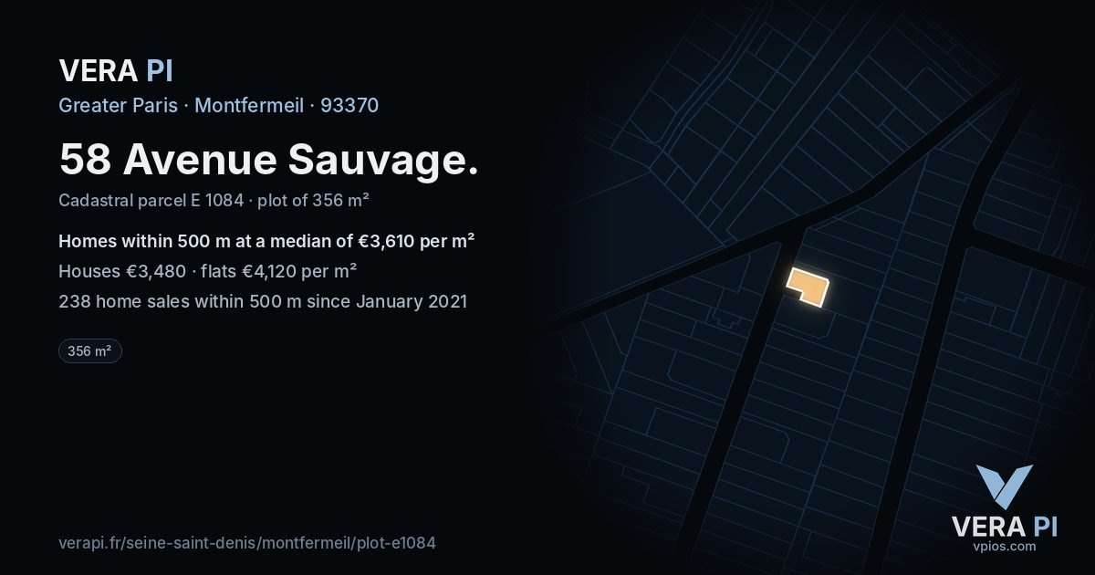 58 Avenue Sauvage, Montfermeil at night – the plot lit, the parcels around coloured by the prices near them