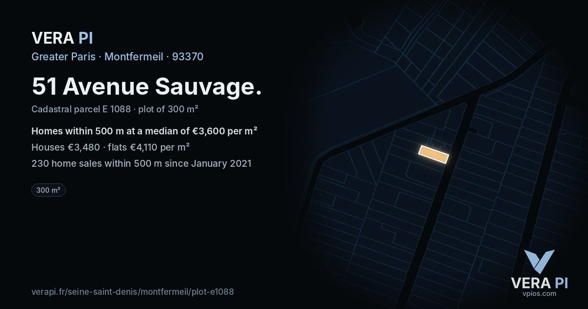 51 Avenue Sauvage, Montfermeil at night – the plot lit, the parcels around coloured by the prices near them