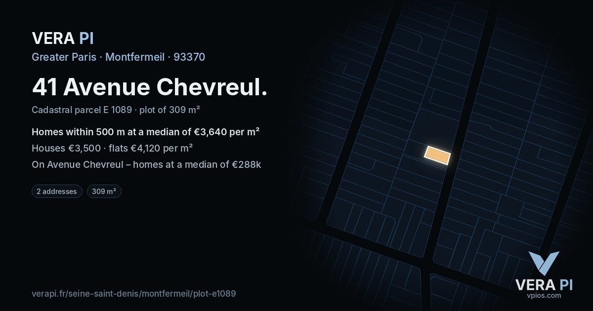 41 Avenue Chevreul, Montfermeil at night – the plot lit, the parcels around coloured by the prices near them