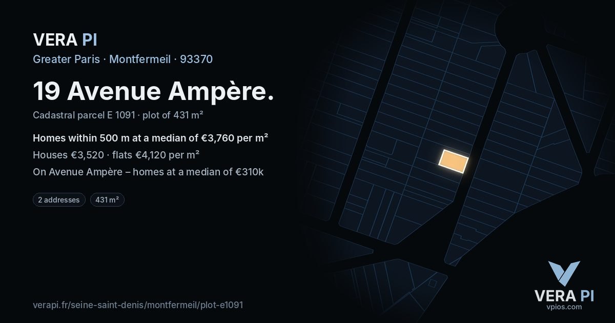 19 Avenue Ampère, Montfermeil at night – the plot lit, the parcels around coloured by the prices near them