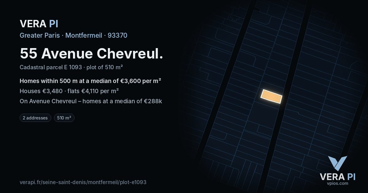 55 Avenue Chevreul, Montfermeil at night – the plot lit, the parcels around coloured by the prices near them