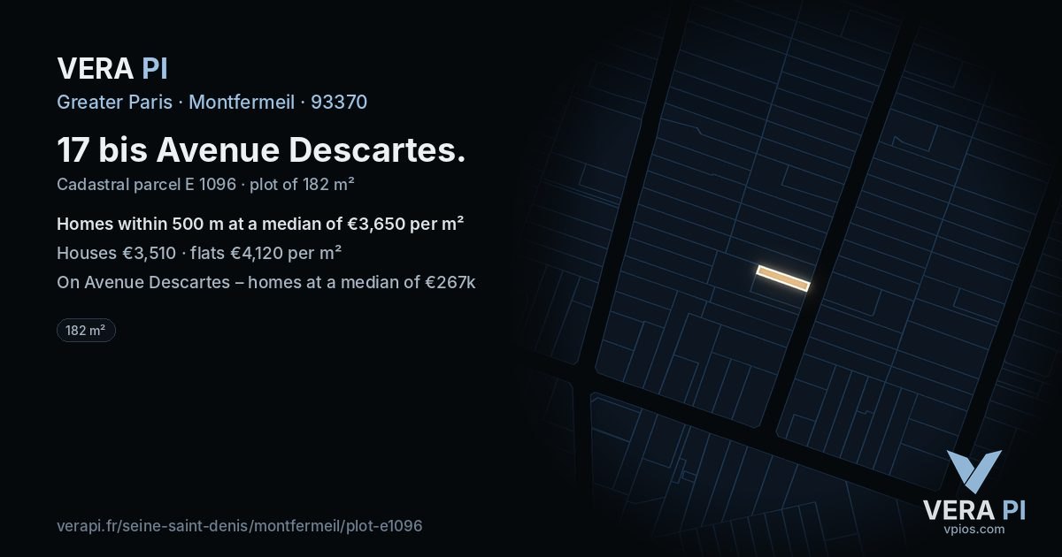 17 bis Avenue Descartes, Montfermeil at night – the plot lit, the parcels around coloured by the prices near them