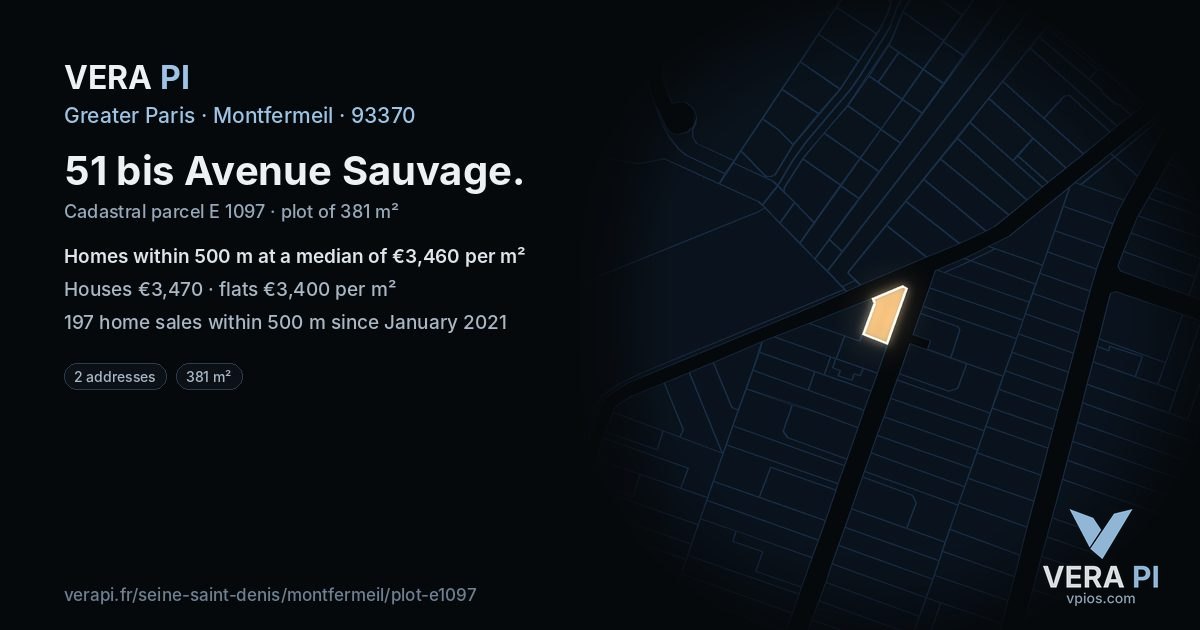 51 bis Avenue Sauvage, Montfermeil at night – the plot lit, the parcels around coloured by the prices near them