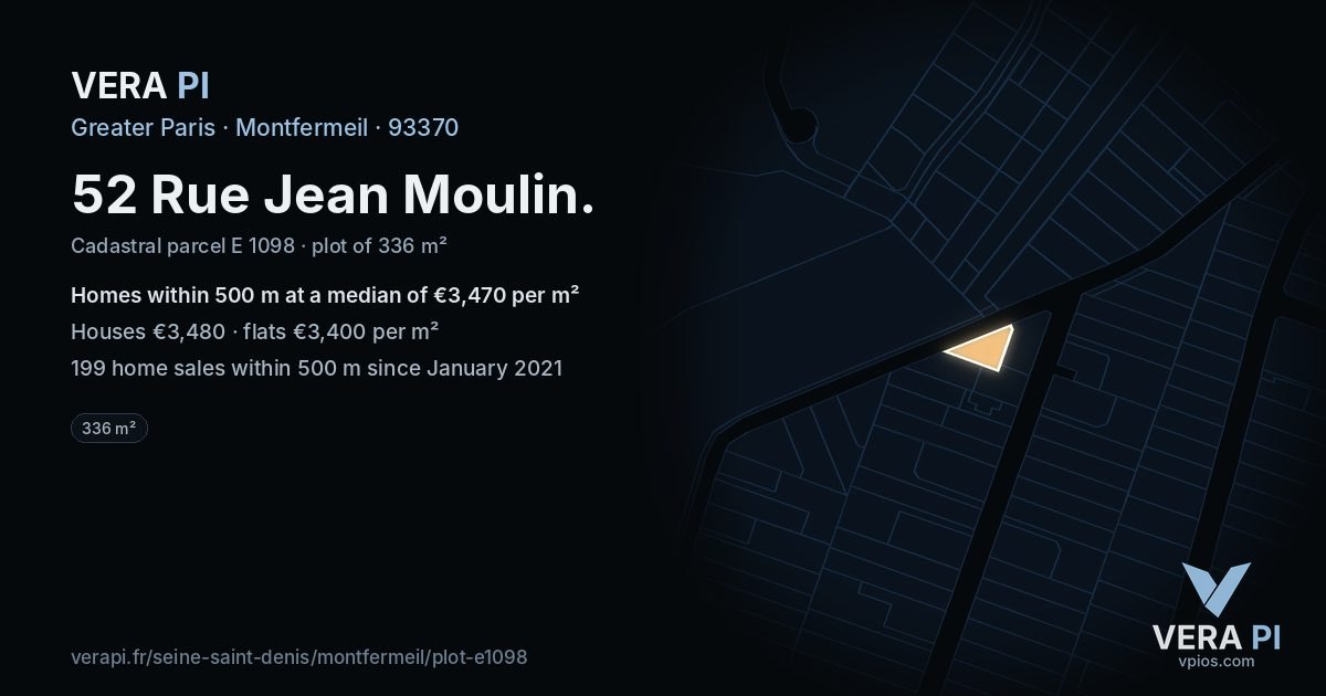 52 Rue Jean Moulin, Montfermeil at night – the plot lit, the parcels around coloured by the prices near them