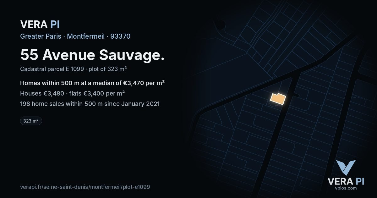 55 Avenue Sauvage, Montfermeil at night – the plot lit, the parcels around coloured by the prices near them