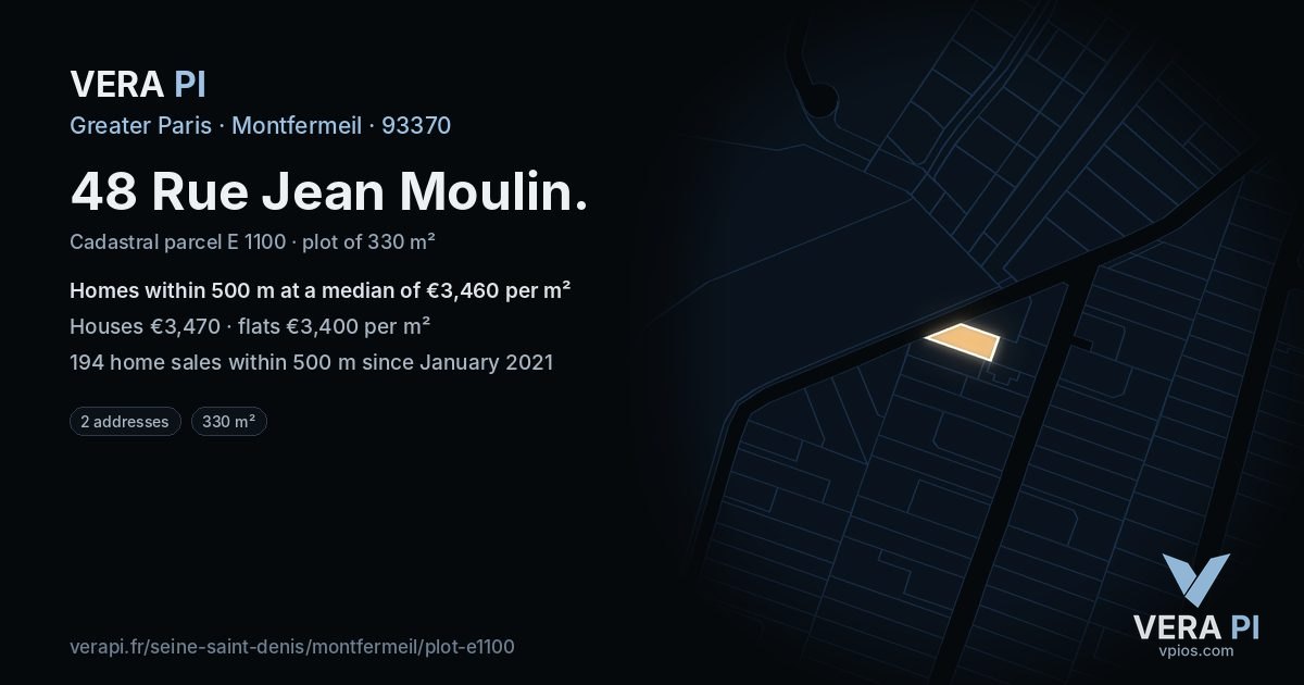 48 Rue Jean Moulin, Montfermeil at night – the plot lit, the parcels around coloured by the prices near them