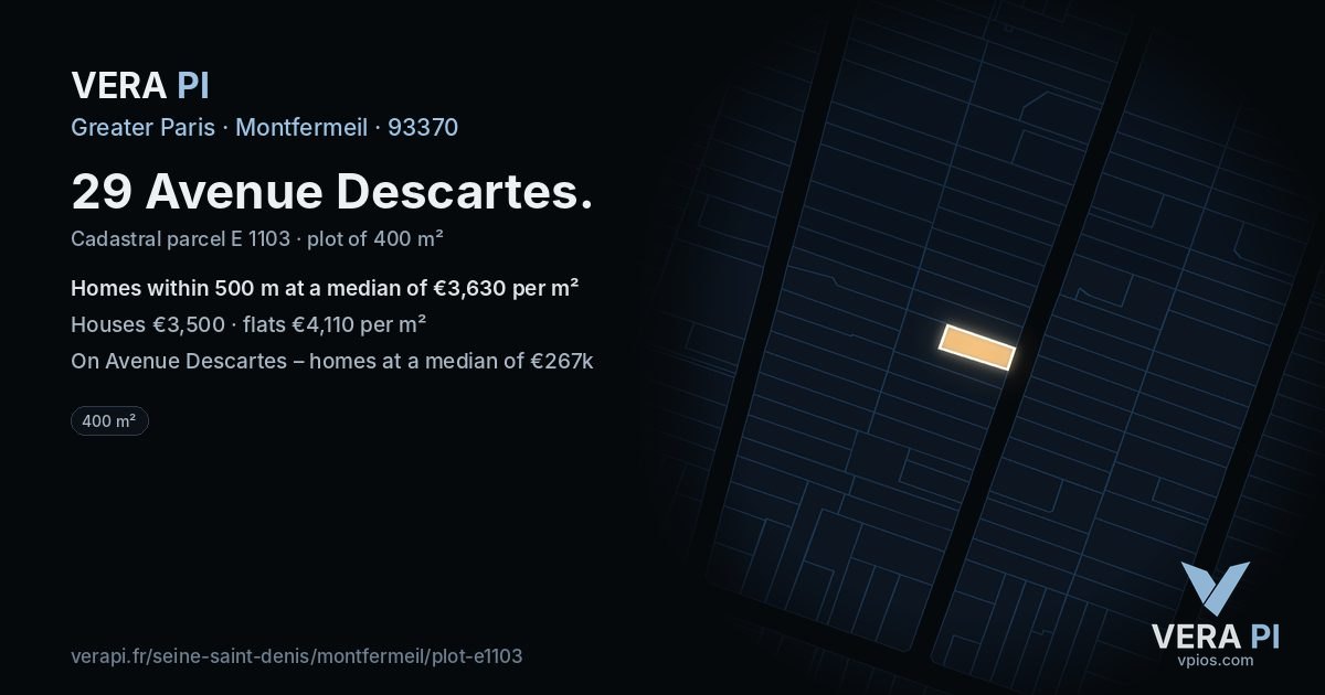 29 Avenue Descartes, Montfermeil at night – the plot lit, the parcels around coloured by the prices near them