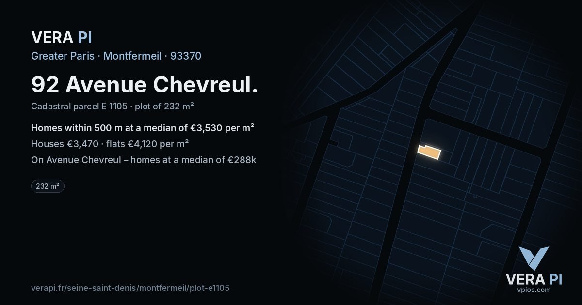 92 Avenue Chevreul, Montfermeil at night – the plot lit, the parcels around coloured by the prices near them