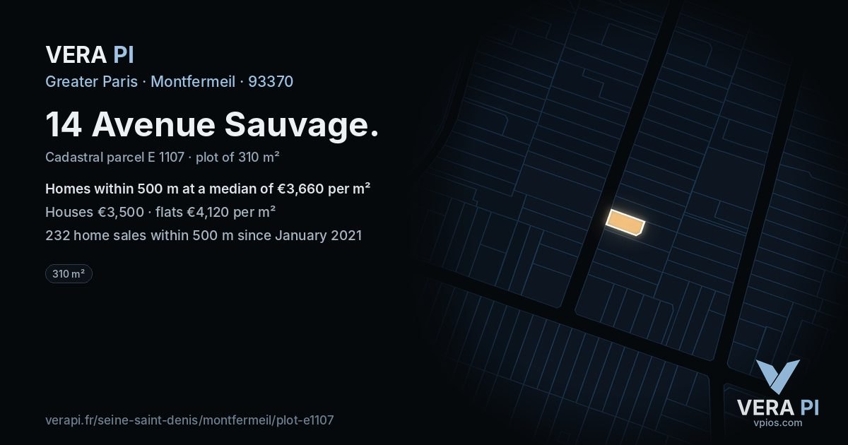 14 Avenue Sauvage, Montfermeil at night – the plot lit, the parcels around coloured by the prices near them
