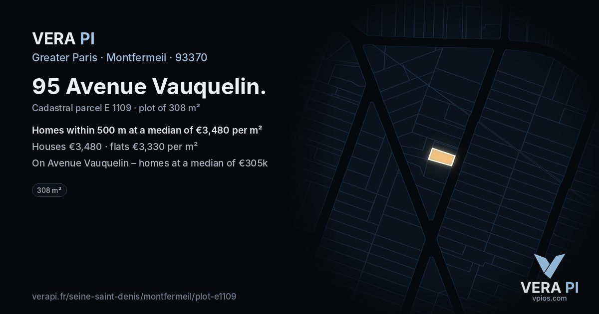 95 Avenue Vauquelin, Montfermeil at night – the plot lit, the parcels around coloured by the prices near them