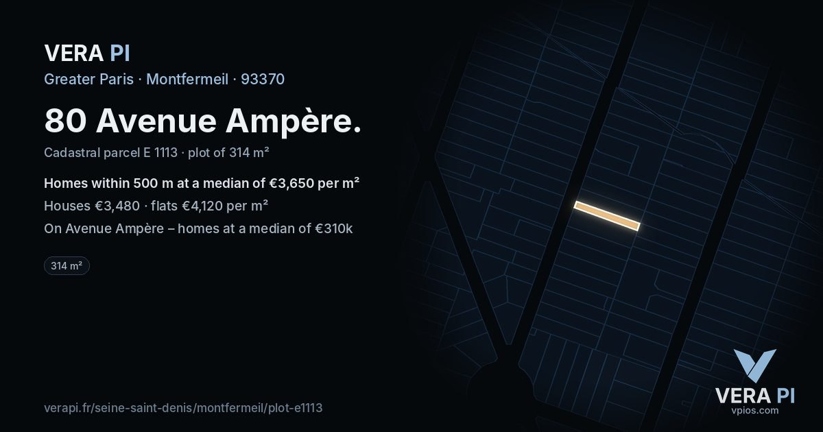 80 Avenue Ampère, Montfermeil at night – the plot lit, the parcels around coloured by the prices near them