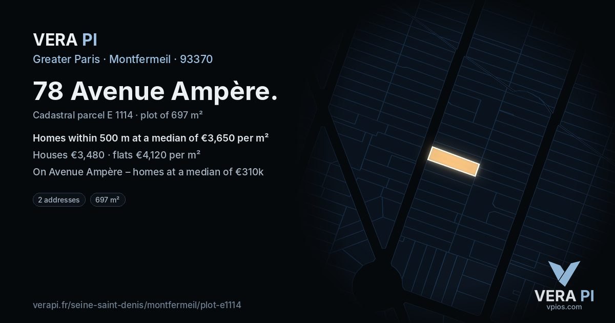 78 Avenue Ampère, Montfermeil at night – the plot lit, the parcels around coloured by the prices near them