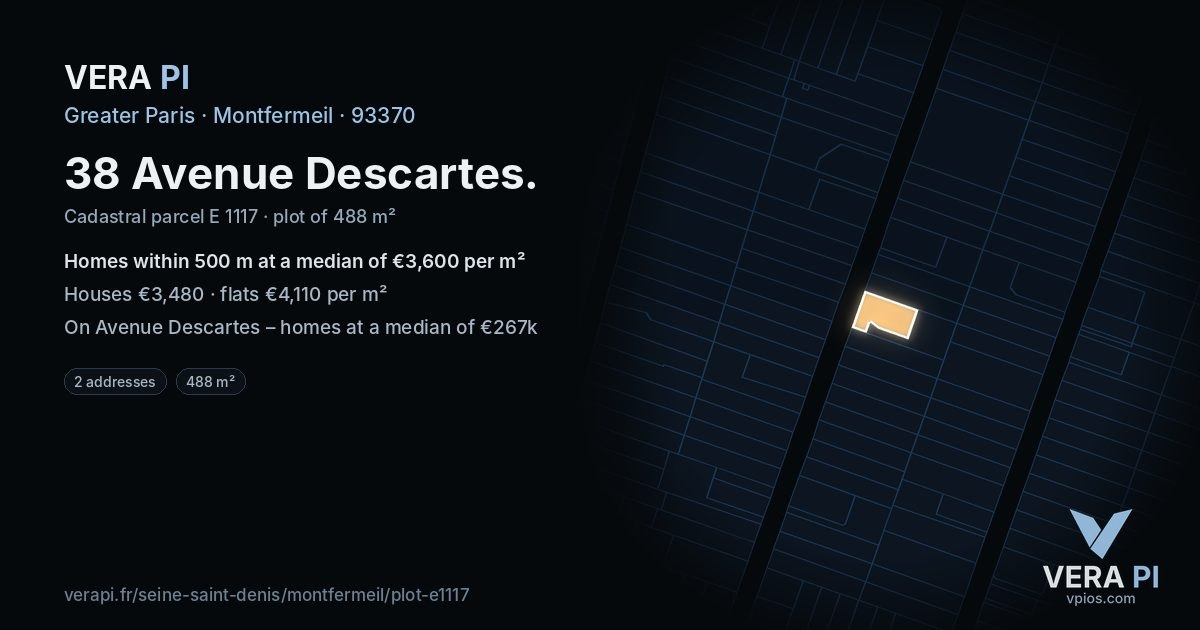 38 Avenue Descartes, Montfermeil at night – the plot lit, the parcels around coloured by the prices near them