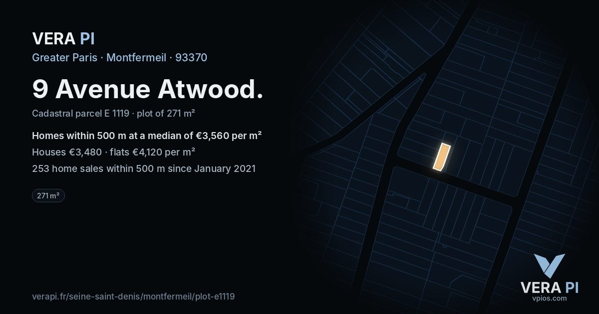9 Avenue Atwood, Montfermeil at night – the plot lit, the parcels around coloured by the prices near them