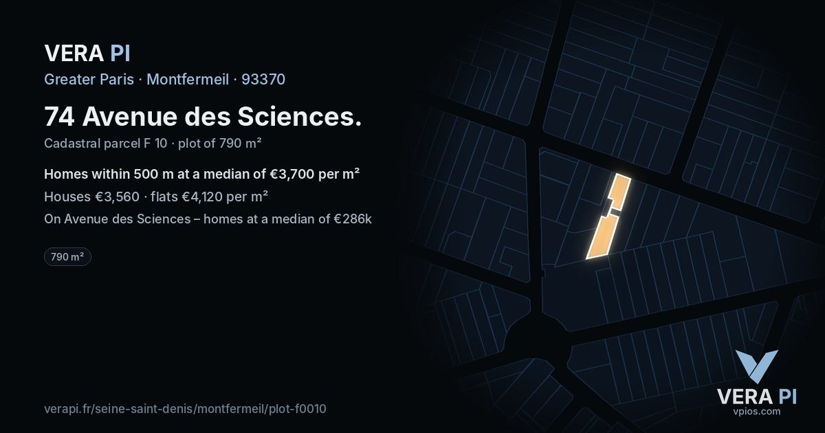 74 Avenue des Sciences, Montfermeil at night – the plot lit, the parcels around coloured by the prices near them