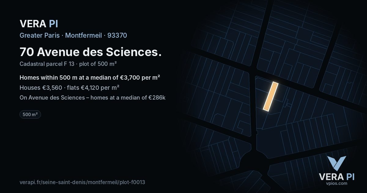 70 Avenue des Sciences, Montfermeil at night – the plot lit, the parcels around coloured by the prices near them